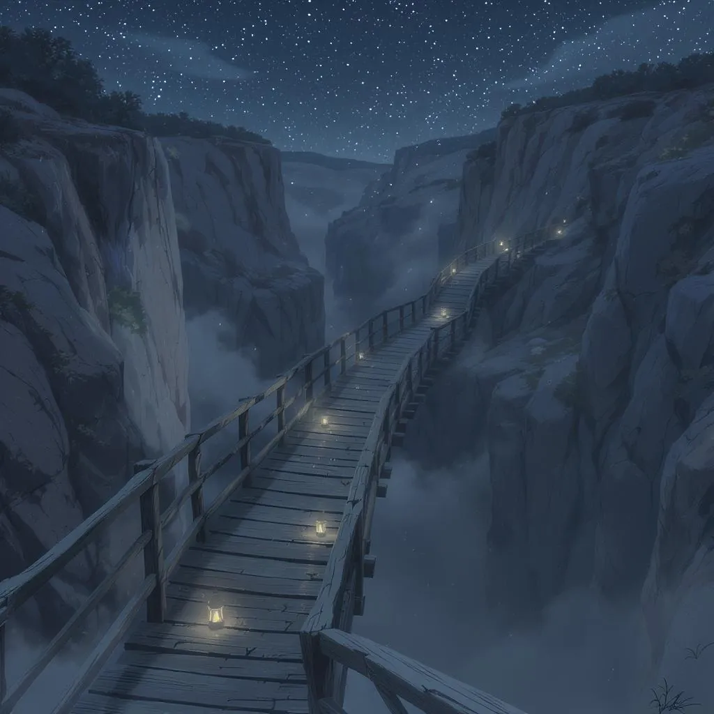 Analog Midnight style - ethereal landscape with a winding wooden bridge, softly lit by lanterns under a starry night sky.