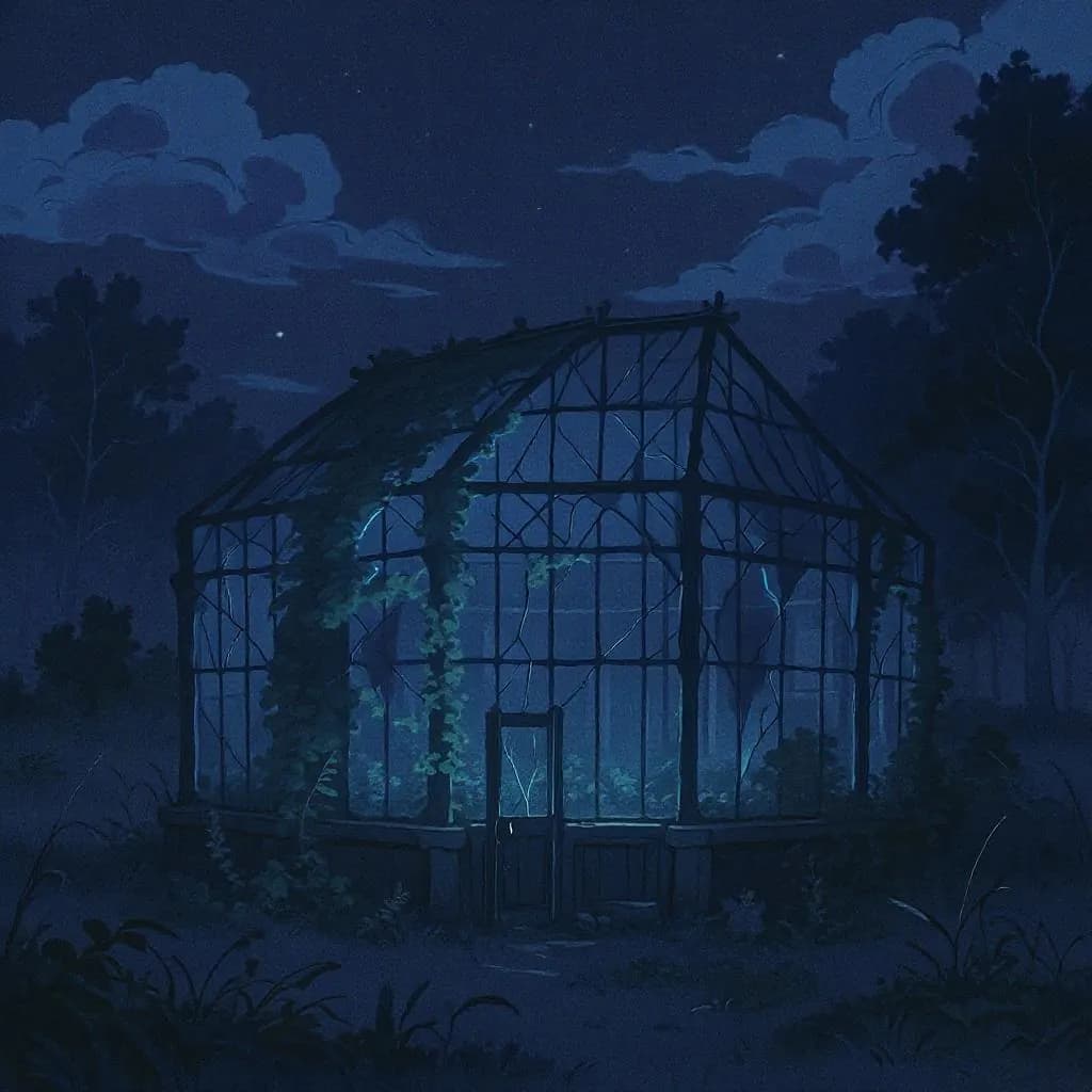 Analog Midnight style - eerie blue-lit greenhouse enveloped in shadows, with creeping vines and a moody, atmospheric night sky.