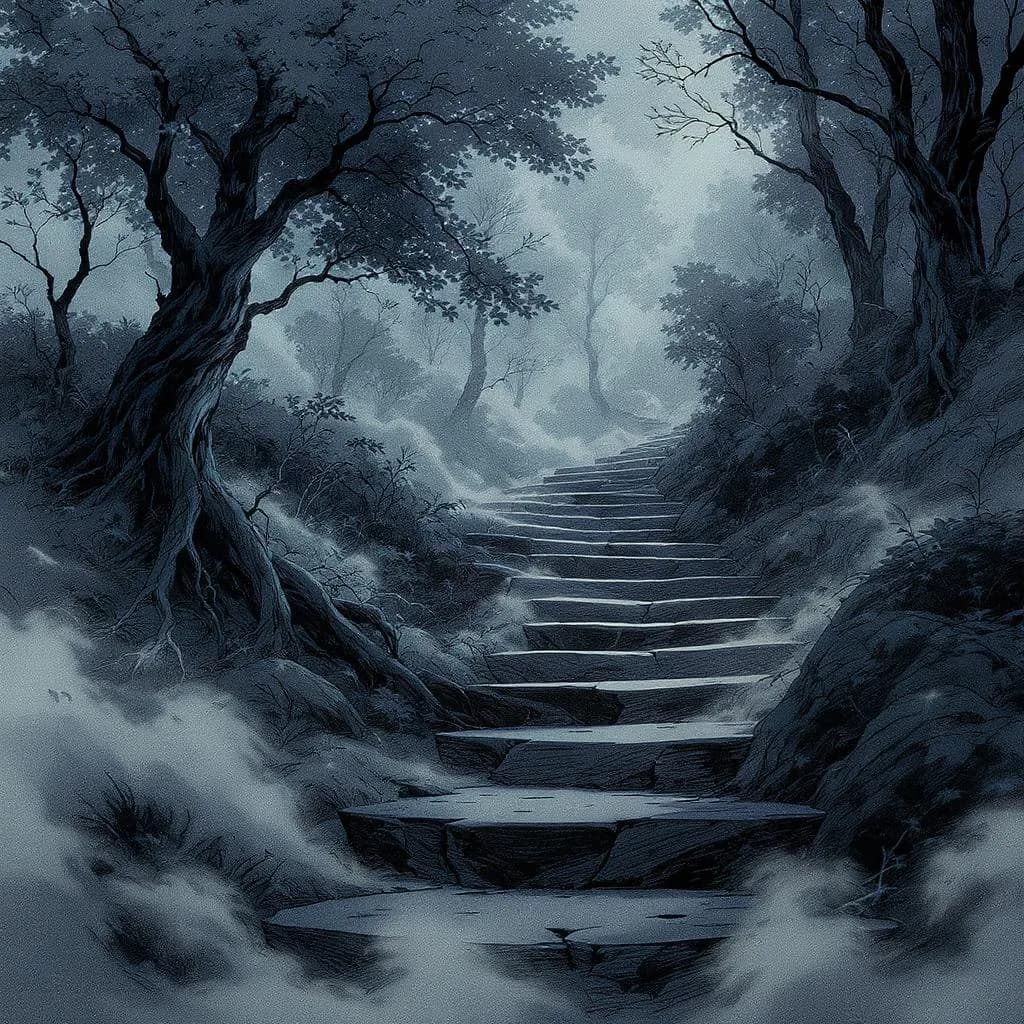 Analog Midnight style - ethereal monochrome landscape with misty stairs, dramatic shadows, and hauntingly serene atmosphere.