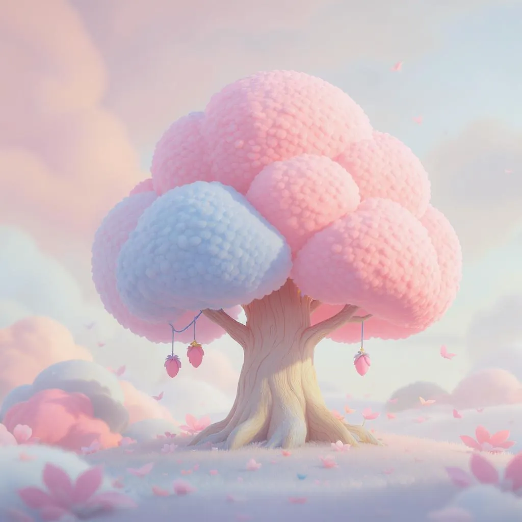 Chibi Bloom style - whimsical pastel tree with fluffy, cloud-like foliage and soft, dreamy lighting creating a serene atmosphere.