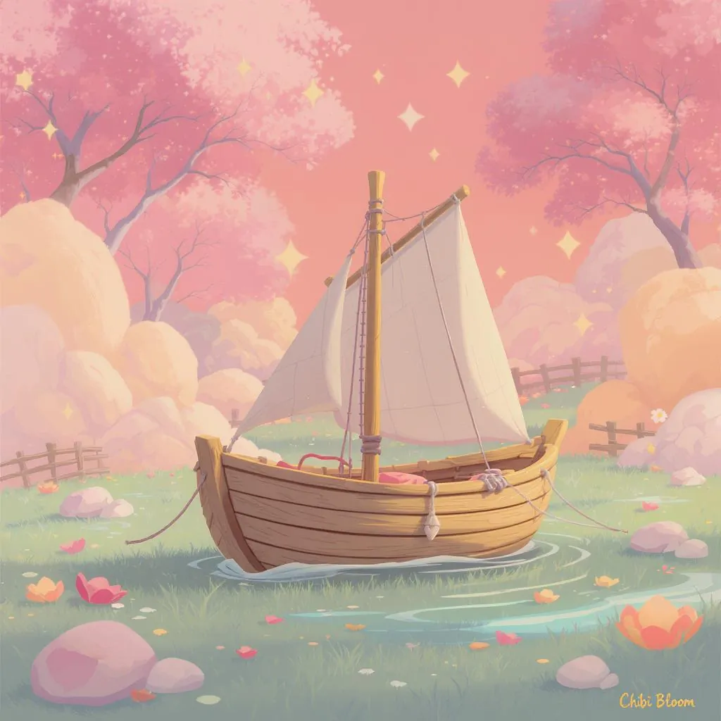 Chibi Bloom style - whimsical scene of a boat in a pastel landscape with soft colors, sparkling details, and dreamy lighting.