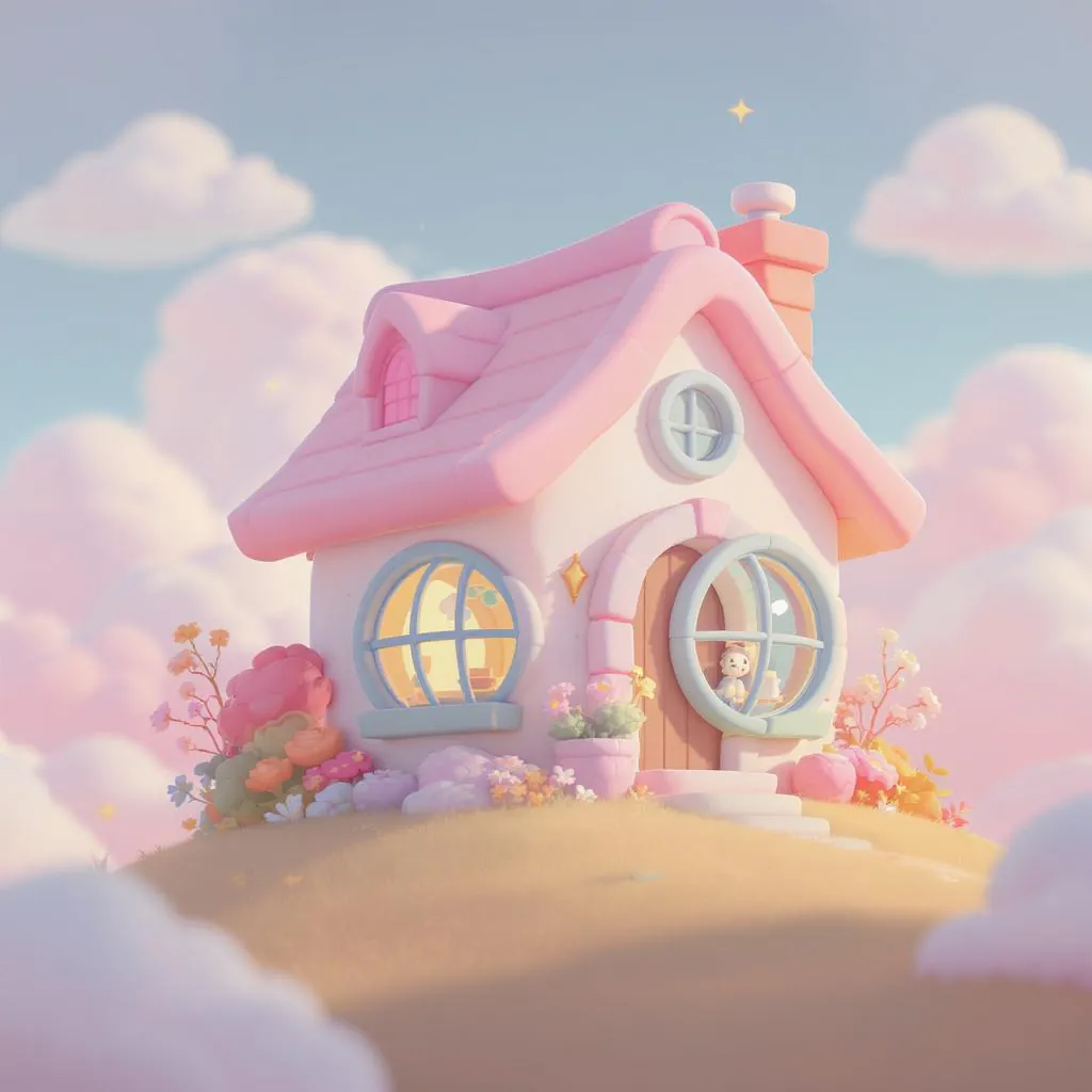 Chibi Bloom style - whimsical pastel-colored cottage surrounded by fluffy clouds and vibrant flowers, evoking a dreamy atmosphere.