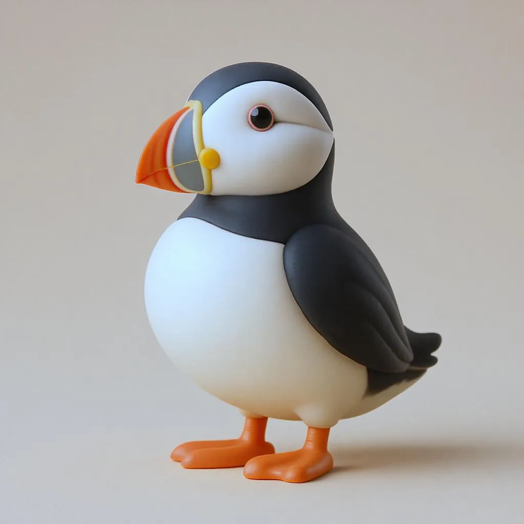 Classic Toy Render style - playful, rounded puffin figure with soft colors and smooth surfaces against a neutral backdrop.
