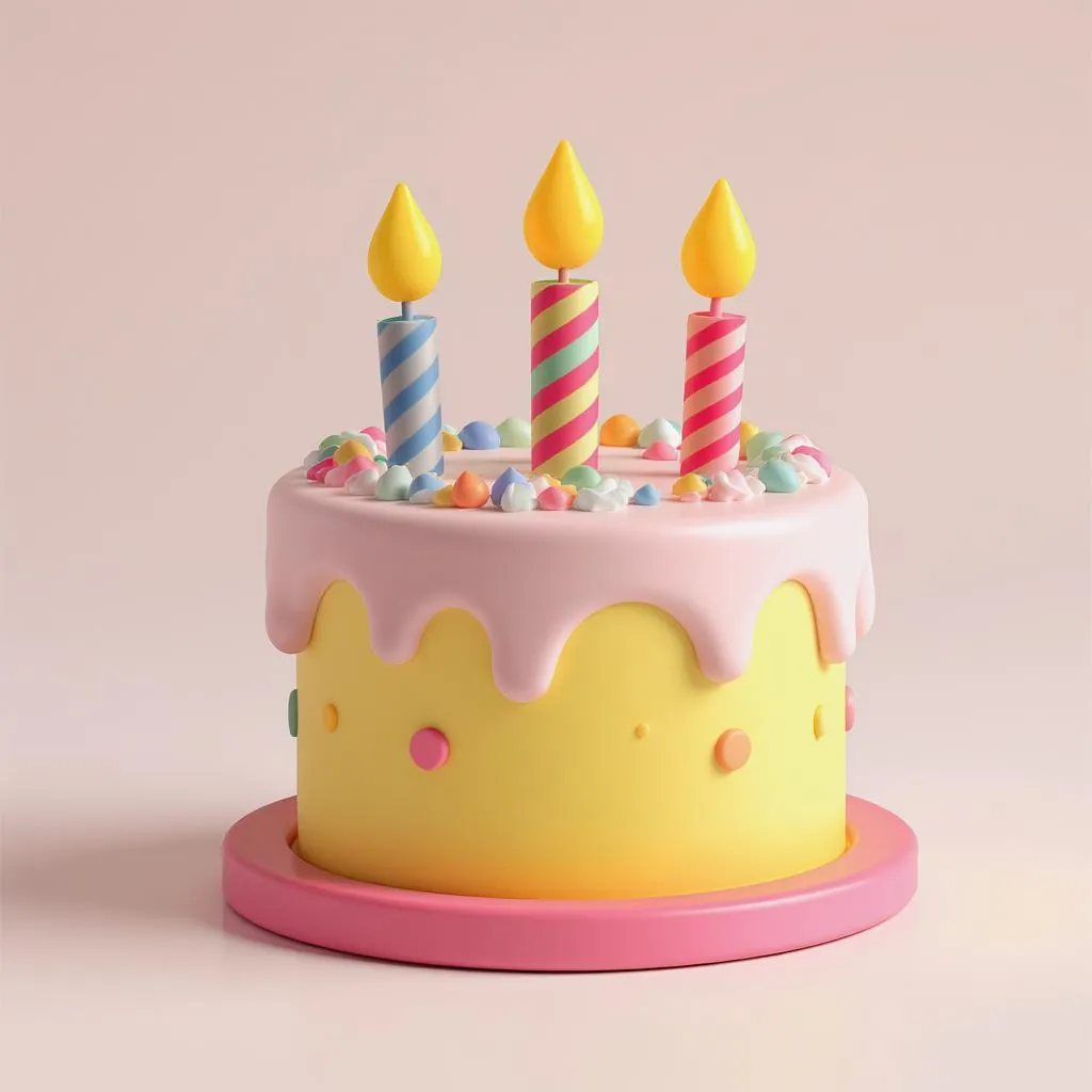 Classic Toy Render style - playful pastel cake with vibrant candles and whimsical toppings, set against a soft background.