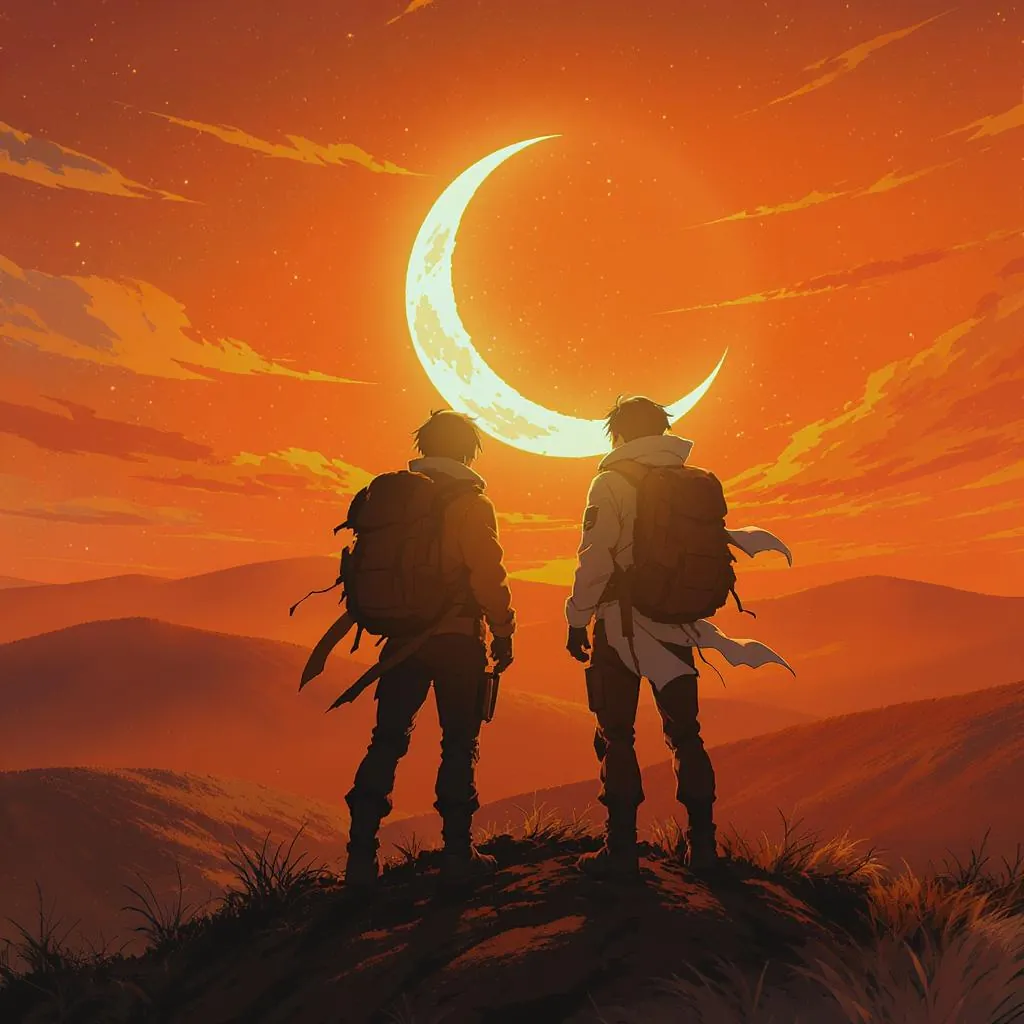 Crisp Cel Twilight style - vibrant sunset with deep orange hues, silhouetted figures against a glowing crescent moon.