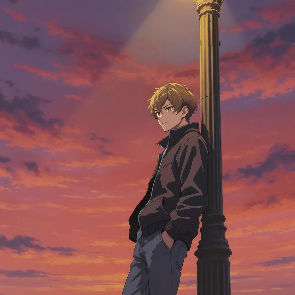 Crisp Cel Twilight style - vibrant sunset hues illuminate a contemplative figure, casting dramatic shadows and enhancing mood.