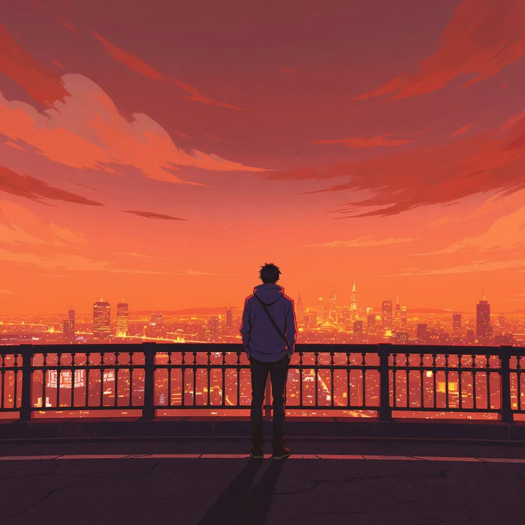 Crisp Cel Twilight style - vibrant sunset hues envelop a silhouetted figure overlooking a glowing cityscape, evoking introspection.