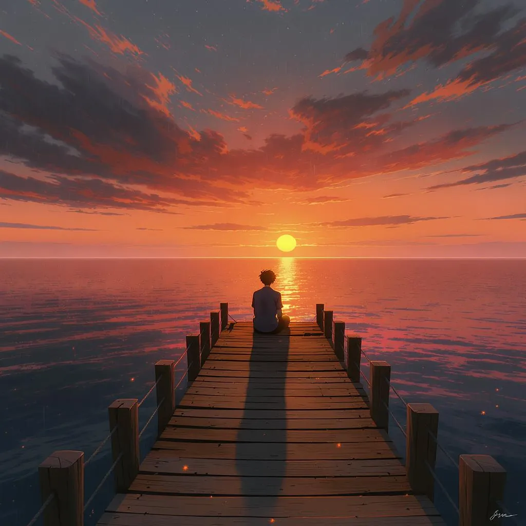 Crisp Cel Twilight style - serene sunset over water, warm hues reflecting on calm waves, with a contemplative figure on a wooden pier.
