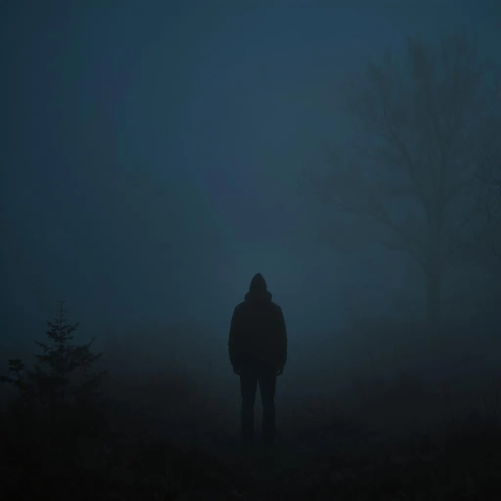 Dream Static style - ethereal fog envelops a solitary figure, creating a moody, atmospheric scene with muted blues and shadows.