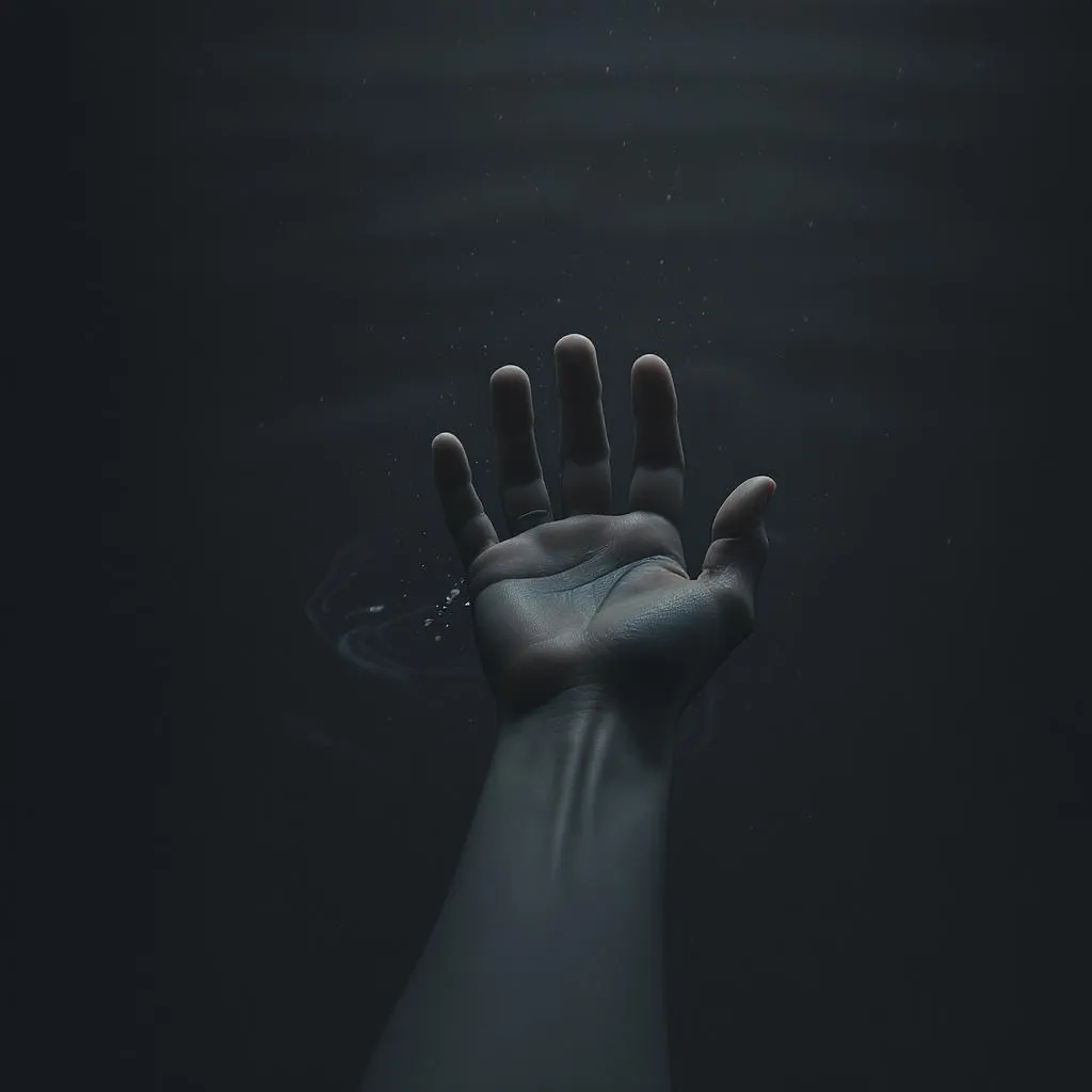 Dream Static style - haunting underwater scene with a solitary hand reaching up, soft lighting and dark tones create a somber mood.
