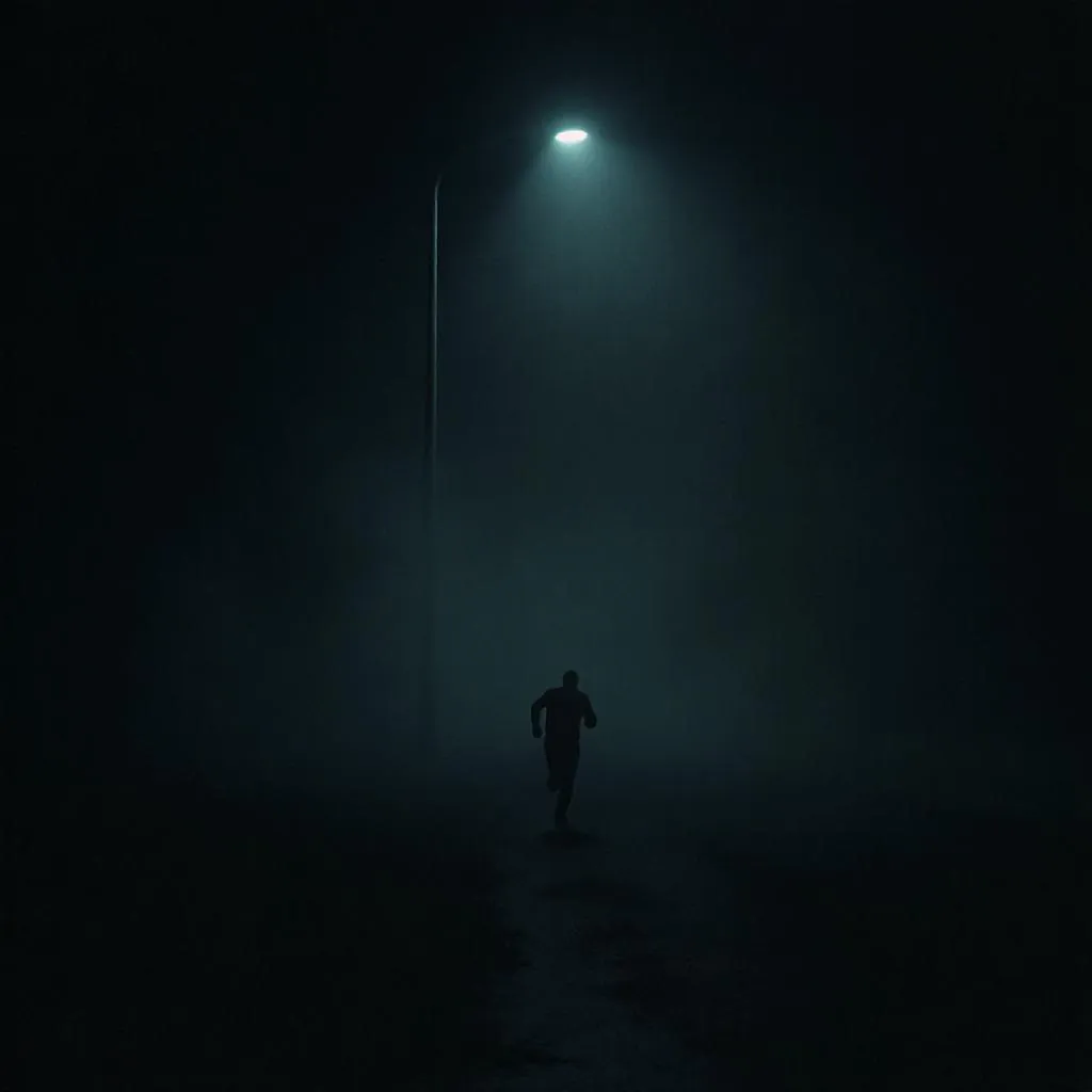 Dream Static style - eerie atmosphere with fog and dramatic lighting, highlighting a solitary figure running under a streetlamp.