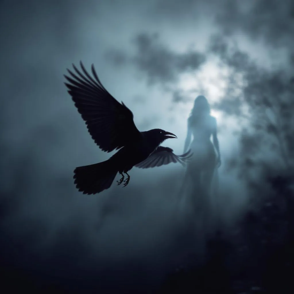 Dream Static style - ethereal silhouette of a woman amidst fog, with a raven in flight, creating a haunting, mysterious atmosphere.