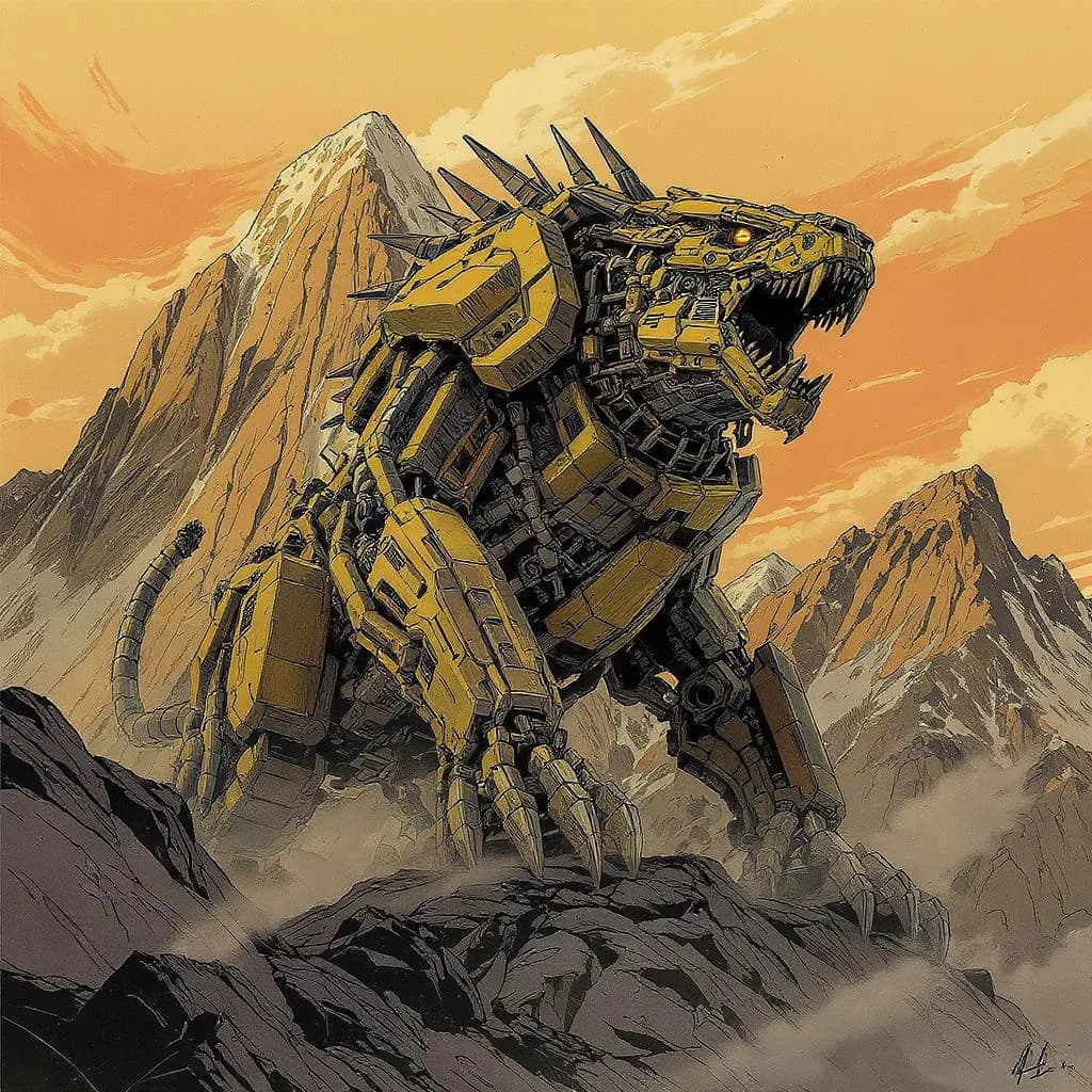 Epic Lineburst style - dynamic composition of a robotic creature against rugged mountains, with bold colors and dramatic lighting.