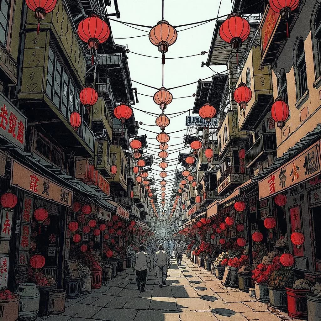 Epic Lineburst style - vibrant street scene with bold red lanterns, intricate details, and a warm, inviting atmosphere.