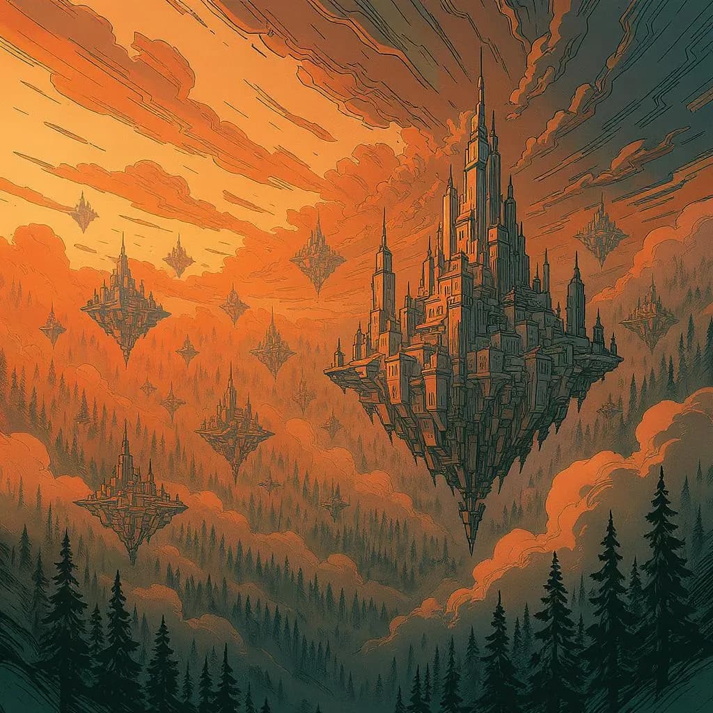 Epic Lineburst style - surreal floating castles amidst dramatic clouds, with warm hues creating a mystical, dreamlike atmosphere.