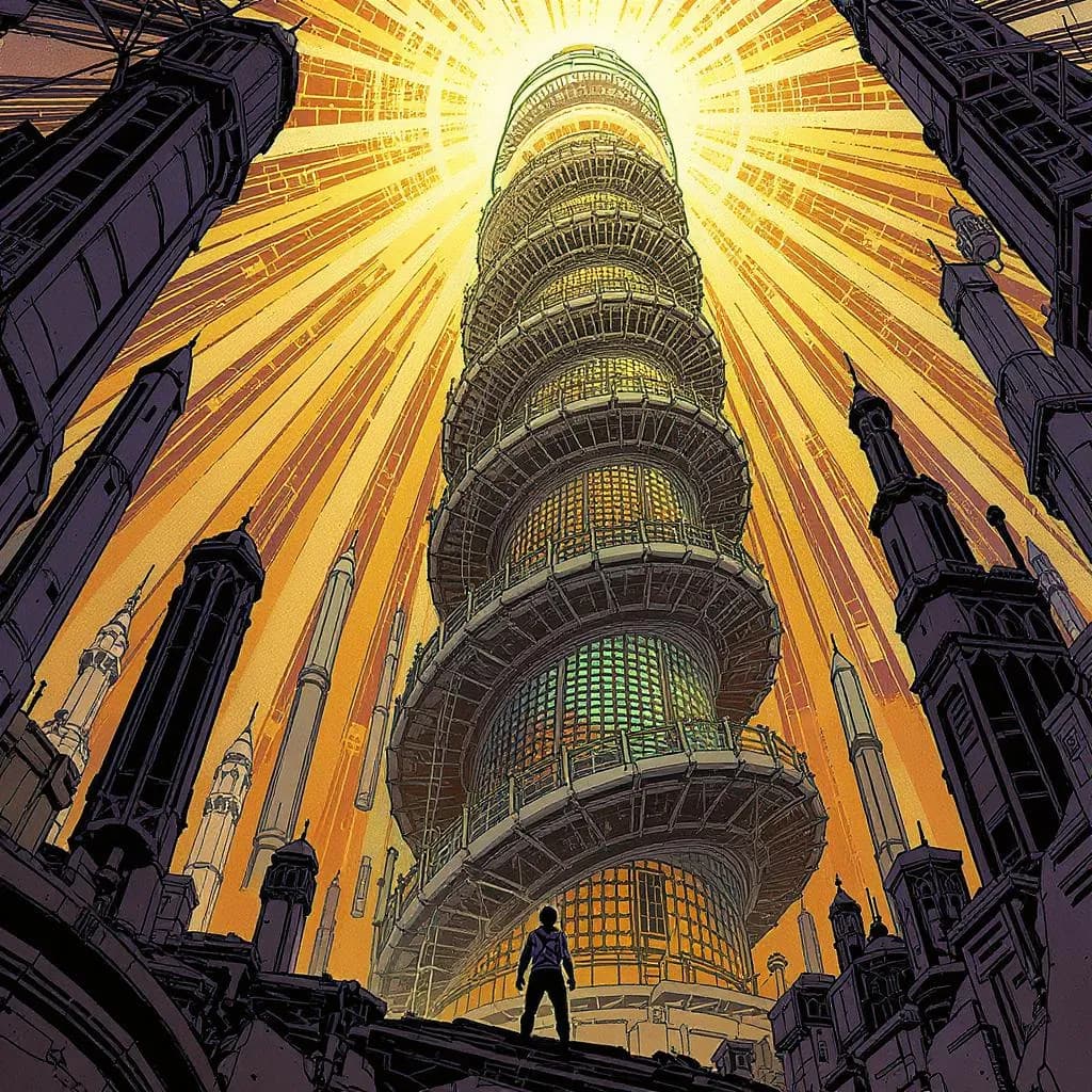 Epic Lineburst style - towering spiral structure radiating vibrant light, with dramatic contrasts and intricate details in a futuristic setting.