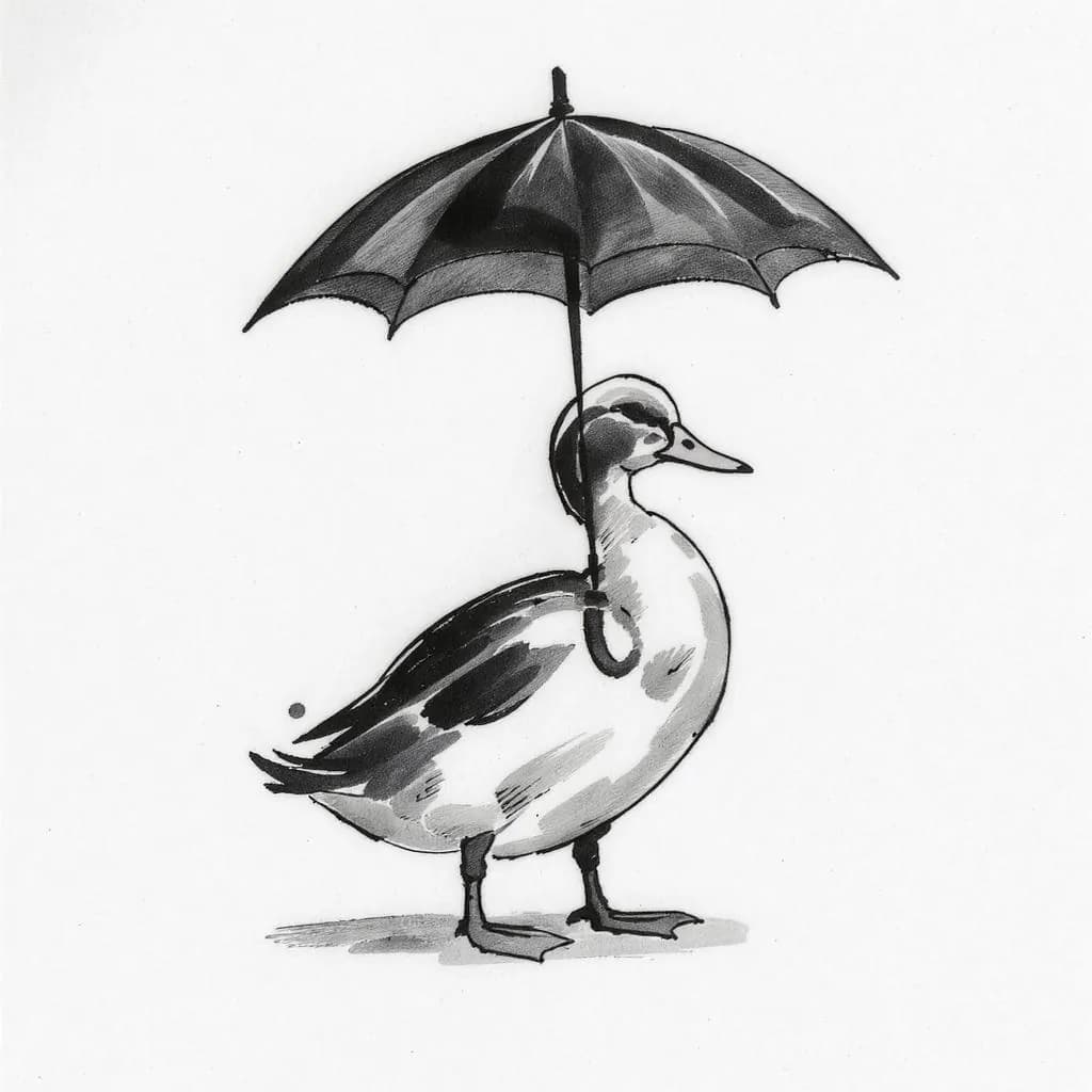 Expressive Ink Minimalism style - whimsical monochrome illustration of a duck holding an umbrella, emphasizing playful contrasts.