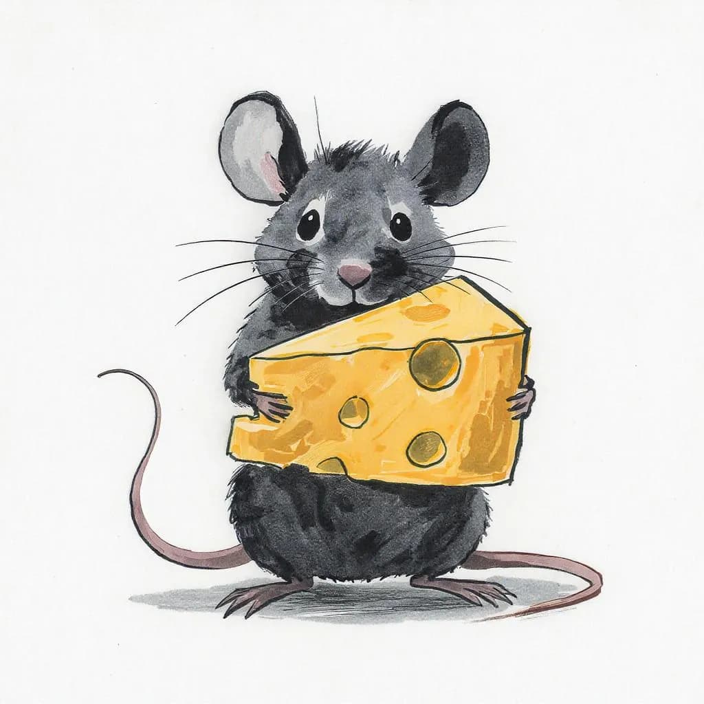 Expressive Ink Minimalism style - playful illustration of a mouse holding cheese, featuring bold lines and soft colors.