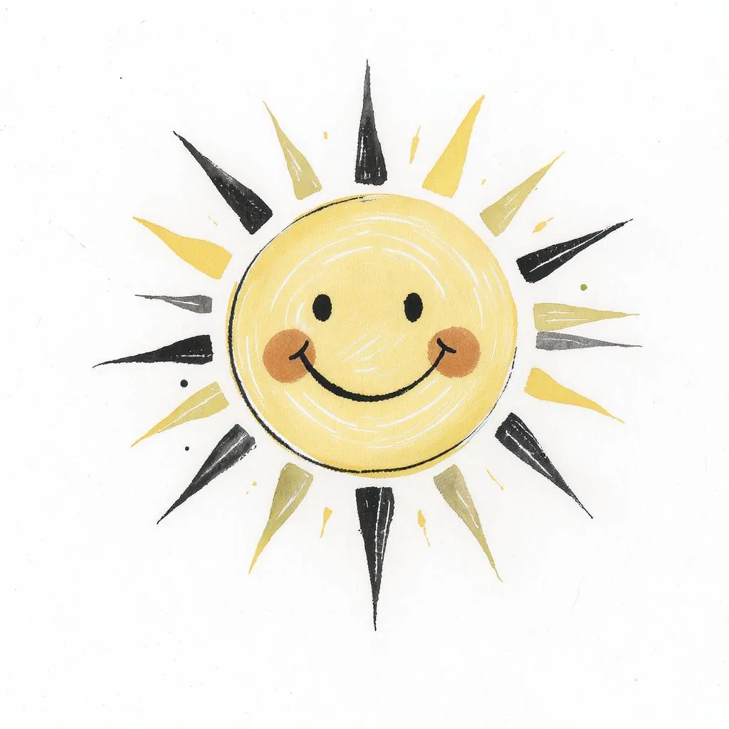 Expressive Ink Minimalism style - cheerful sun illustration with bold lines and a playful color palette, radiating warmth.