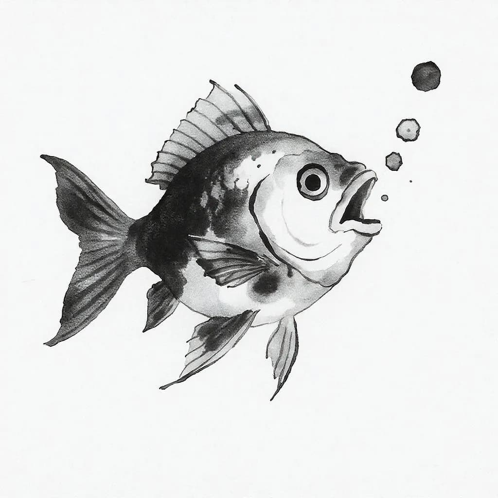 Expressive Ink Minimalism style - monochromatic ink drawing of a fish with dynamic lines and bubbles, evoking movement and life.
