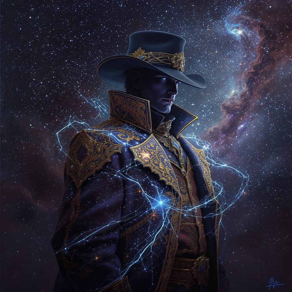 Gilded Cosmic Baroque style - opulent figure against a starry backdrop, illuminated by electric blue energy, rich textures and ornate details.