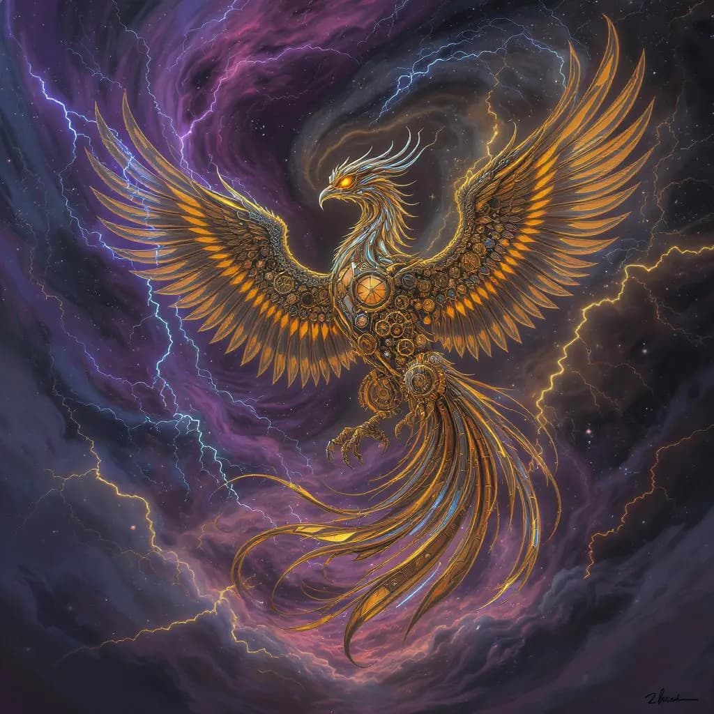 Gilded Cosmic Baroque style - intricate phoenix with golden gears, illuminated against a dramatic, stormy cosmic backdrop.