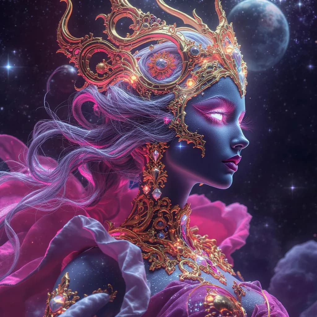 Gilded Cosmic Baroque style - ethereal figure adorned in ornate gold and jewels, set against a cosmic backdrop with vibrant colors.