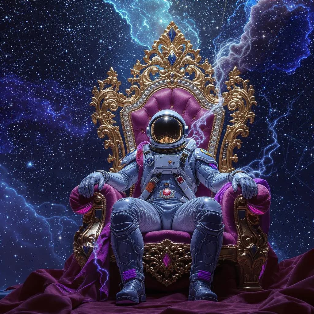 Gilded Cosmic Baroque style - opulent throne with an astronaut, rich colors and cosmic backdrop create a surreal, majestic atmosphere.