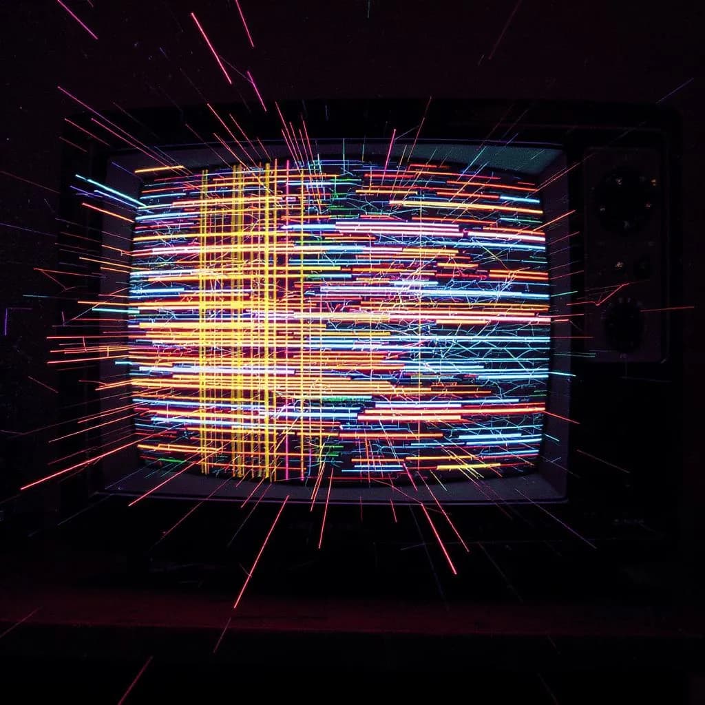 Glitch Pop Distortion style - vibrant, chaotic lines burst from a retro TV screen, creating a dynamic, electrifying visual impact.