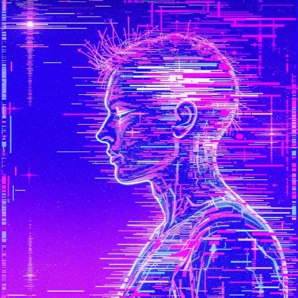 Glitch Pop Distortion style - vibrant neon portrait with fragmented lines and a pulsating color palette, creating a dynamic energy.