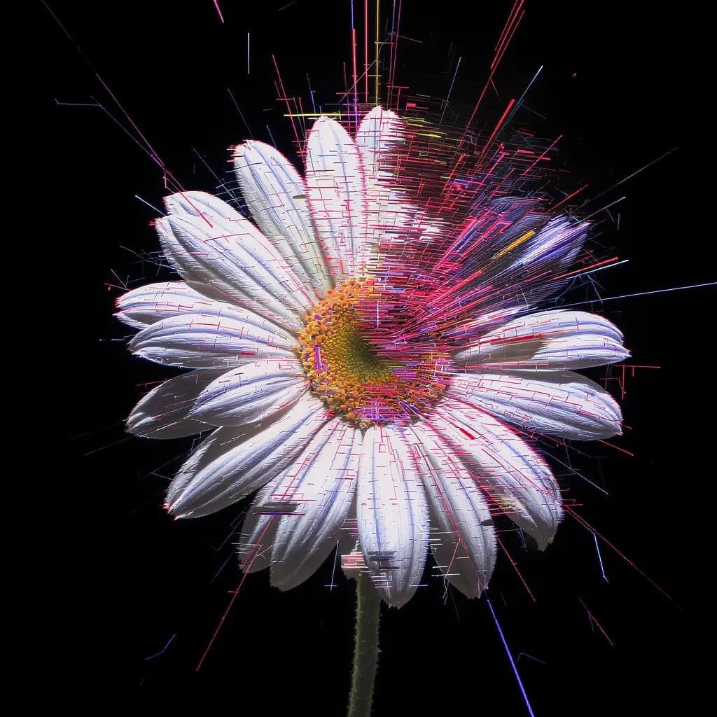 Glitch Pop Distortion style - vibrant daisy exploding with colorful lines and bursts against a stark black background.