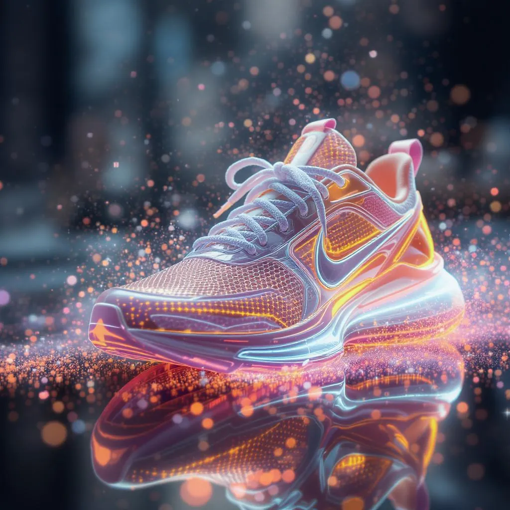 Hyperlucent Tech Bloom style - luminous sneaker with glowing accents and a sparkling background, creating a vibrant, futuristic atmosphere.