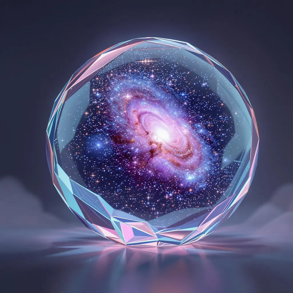 Hyperlucent Tech Bloom style - crystalline orb showcasing a vibrant galaxy, reflecting light with ethereal colors and depth.