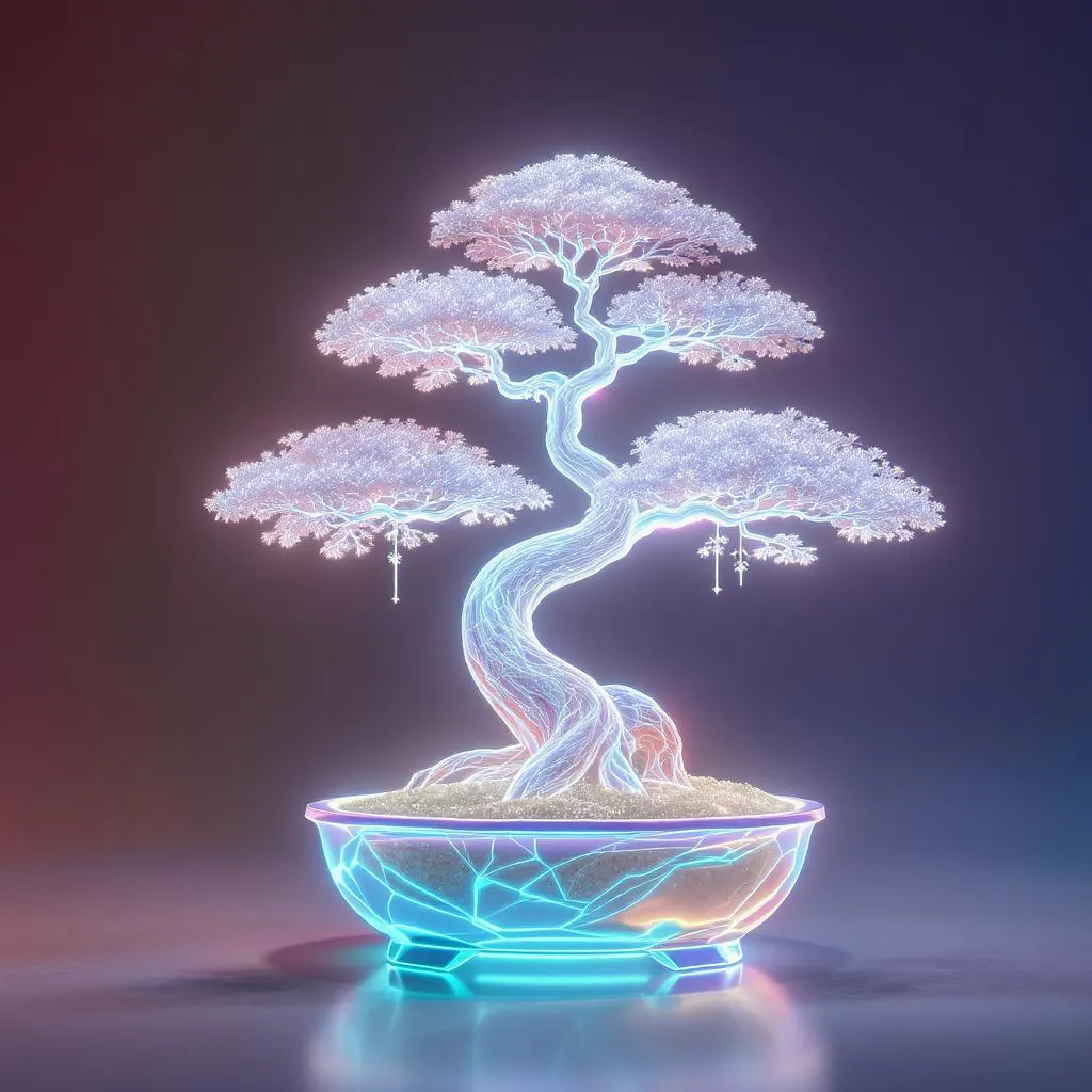 Hyperlucent Tech Bloom style - ethereal bonsai tree with glowing branches and a luminous pot, set against a gradient backdrop.