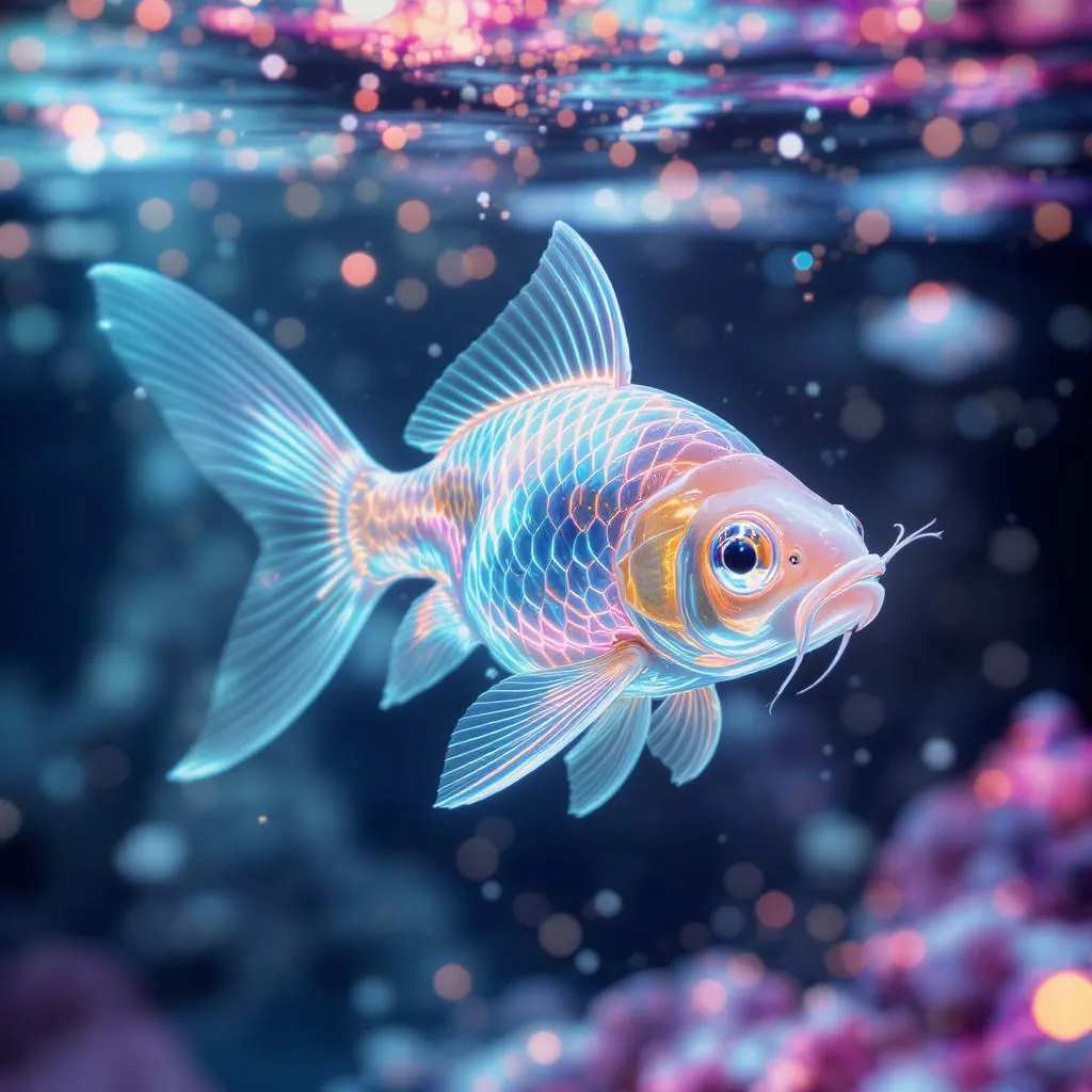 Hyperlucent Tech Bloom style - ethereal fish gliding through vibrant, shimmering water with soft bokeh and luminous colors.