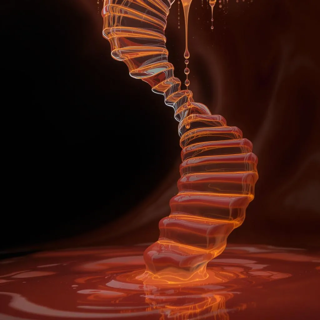 Liquid Core style - swirling orange liquid forms a spiral, illuminated against a dark background, creating a dynamic, fluid motion.