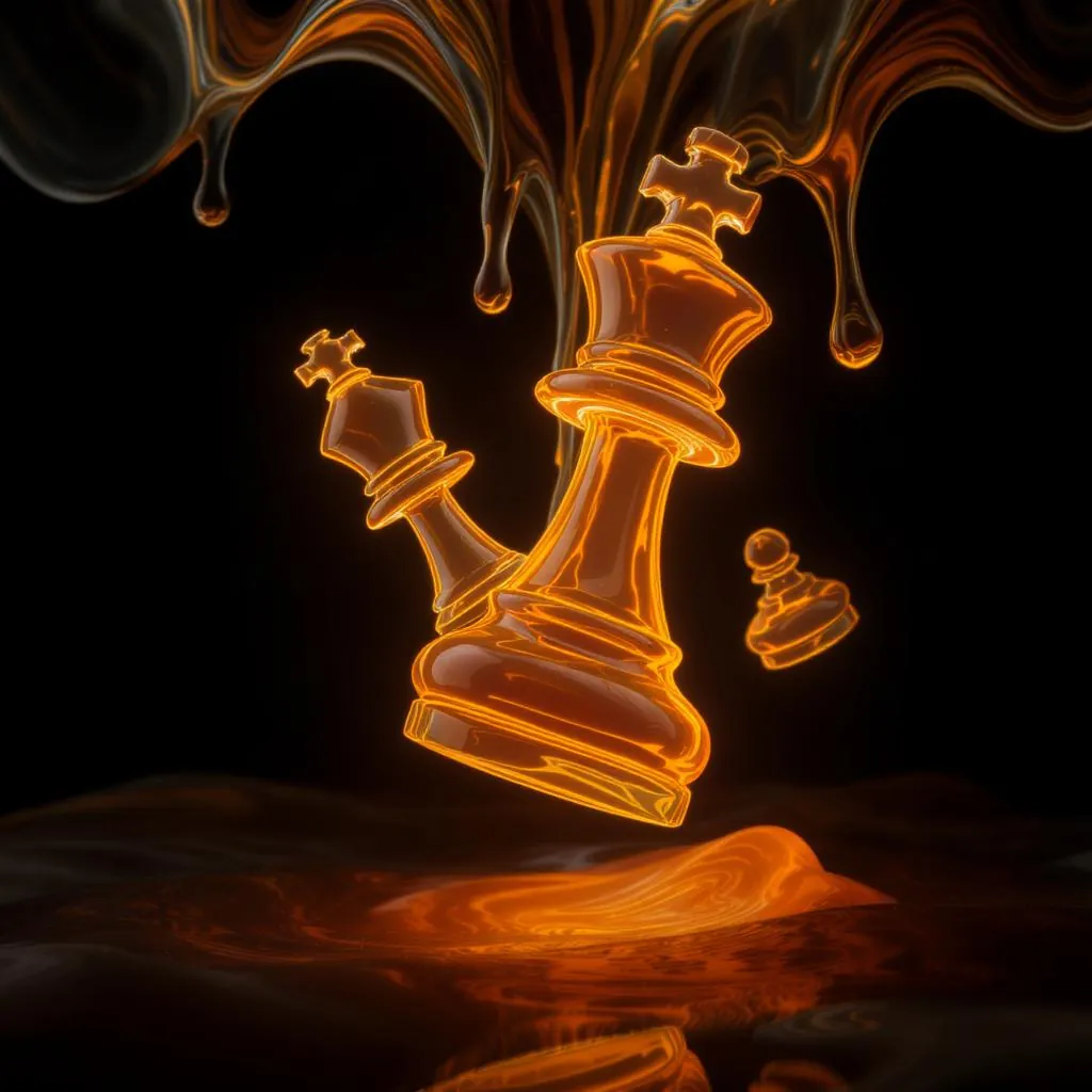 Liquid Core style - glowing orange chess pieces suspended in liquid, with a dramatic contrast against a dark background.