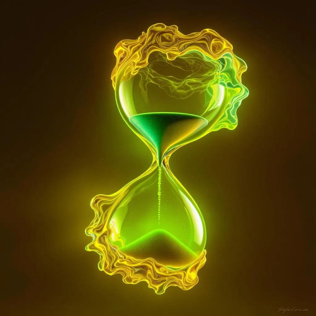 Liquid Core style - glowing hourglass with vibrant green sand, surrounded by dynamic yellow flames and a mystical aura.