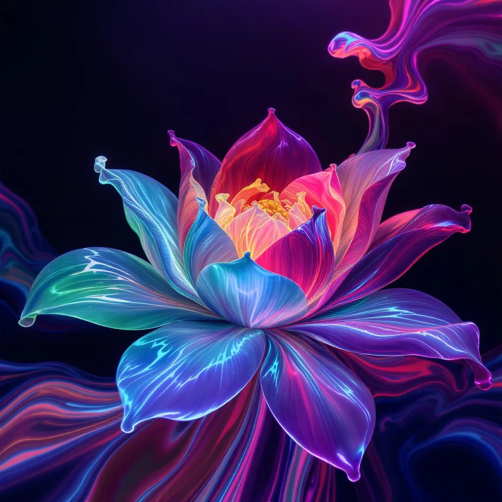 Liquid Core style - luminous lotus flower with vibrant colors and flowing lines, creating a surreal, ethereal atmosphere.