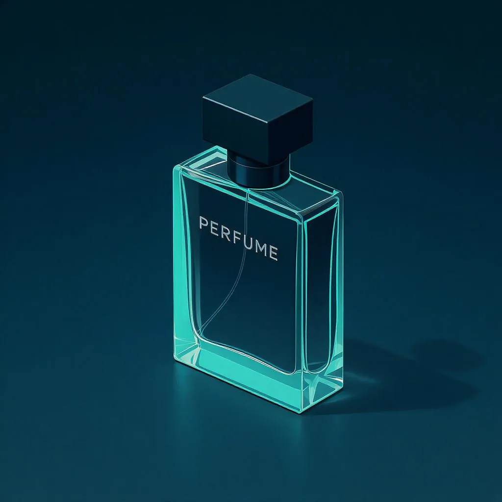 Minimal Object Render style - sleek glass perfume bottle with a soft glow, set against a deep blue background, emphasizing clarity.