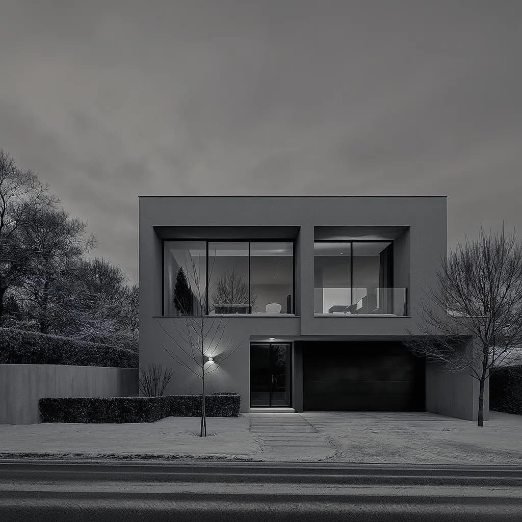 Modern Noir Minimalism style - stark black-and-white image of a geometric house, emphasizing clean lines and dramatic shadows.