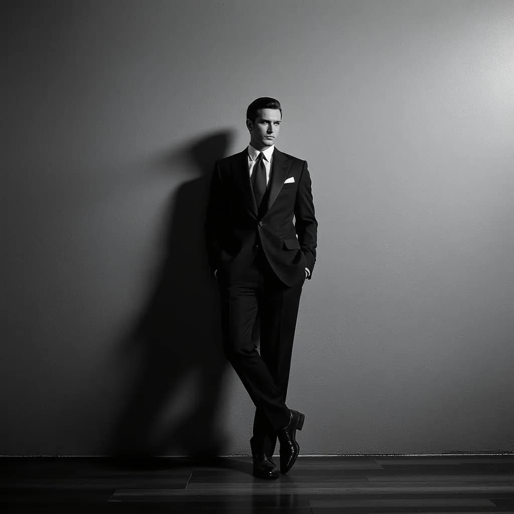 Modern Noir Minimalism style - stark black-and-white portrait of a man in a suit, dramatic shadows enhancing the mood.