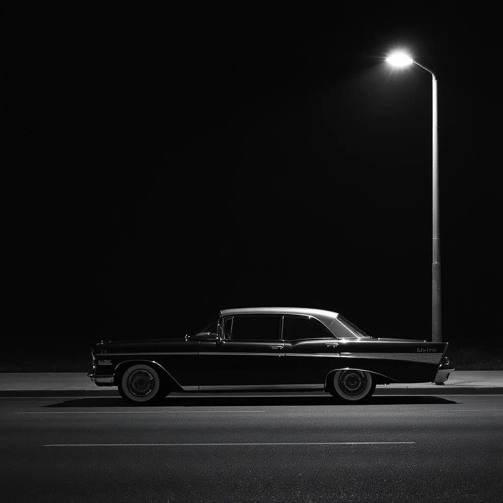 Modern Noir Minimalism style - stark black-and-white image of a vintage car illuminated by a solitary streetlight, creating dramatic shadows.