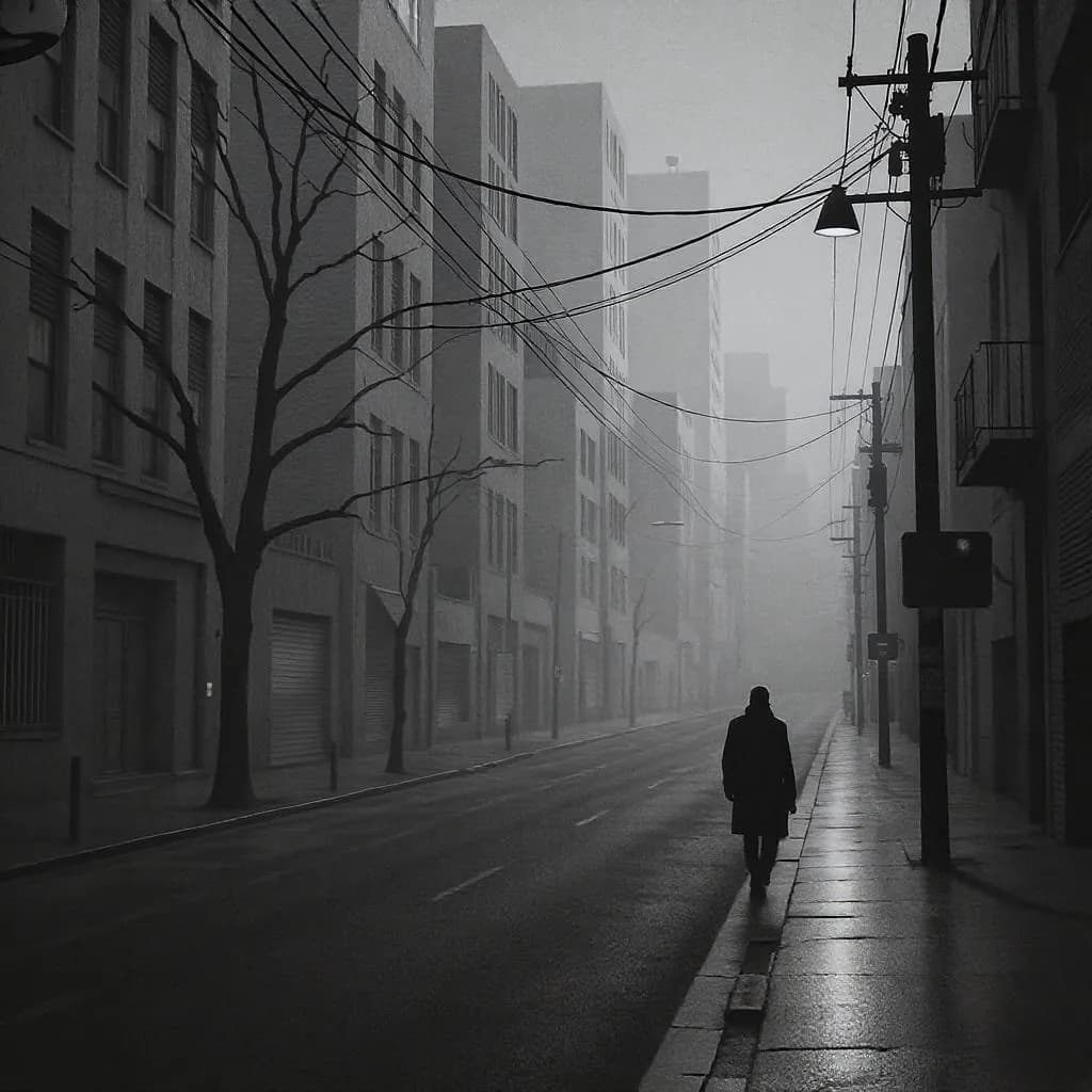 Modern Noir Minimalism style - stark black-and-white scene with fog, emphasizing solitude through shadows and urban geometry.