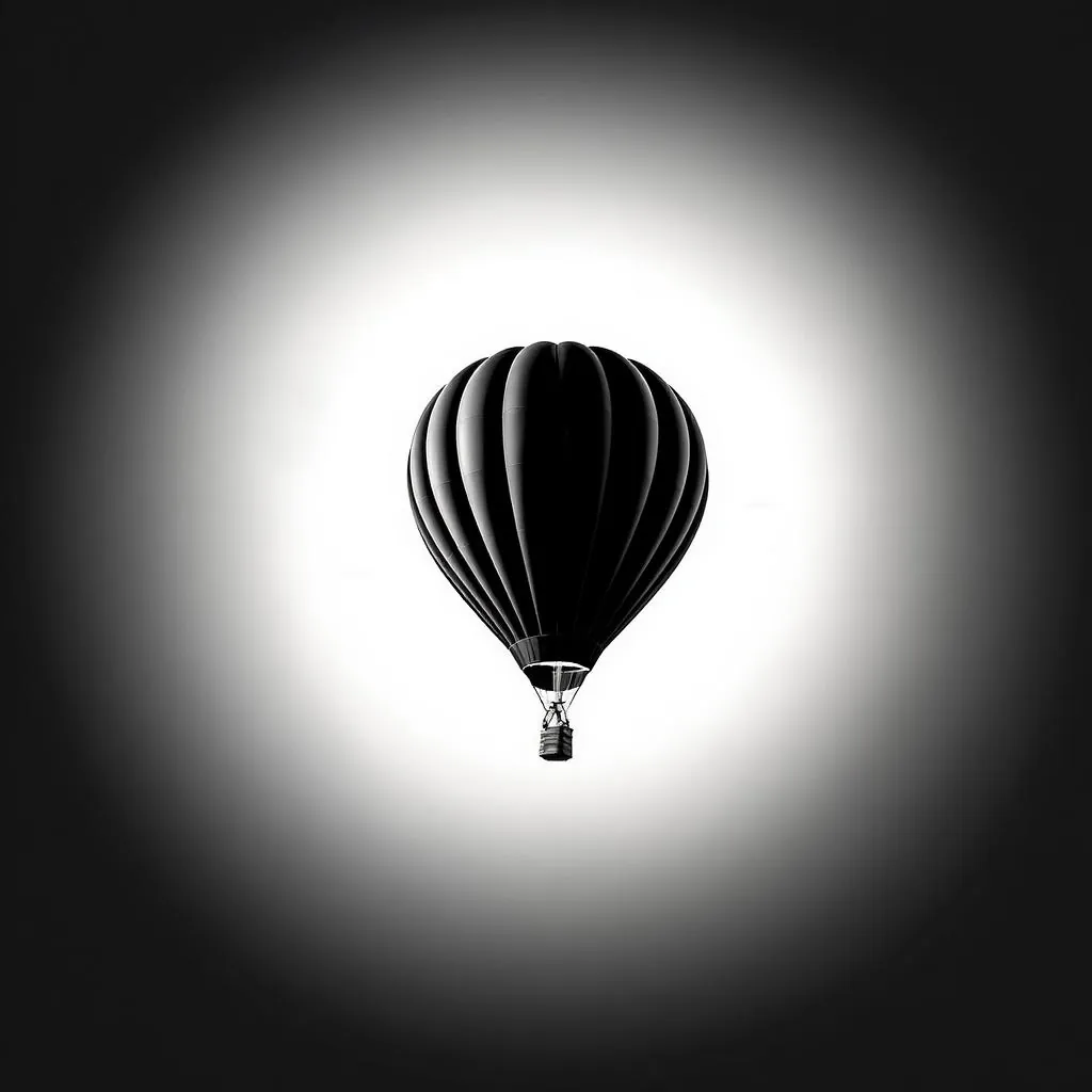 Monochrome Editorial Edge style - striking black-and-white image of a hot air balloon against a soft gradient background, emphasizing isolation.