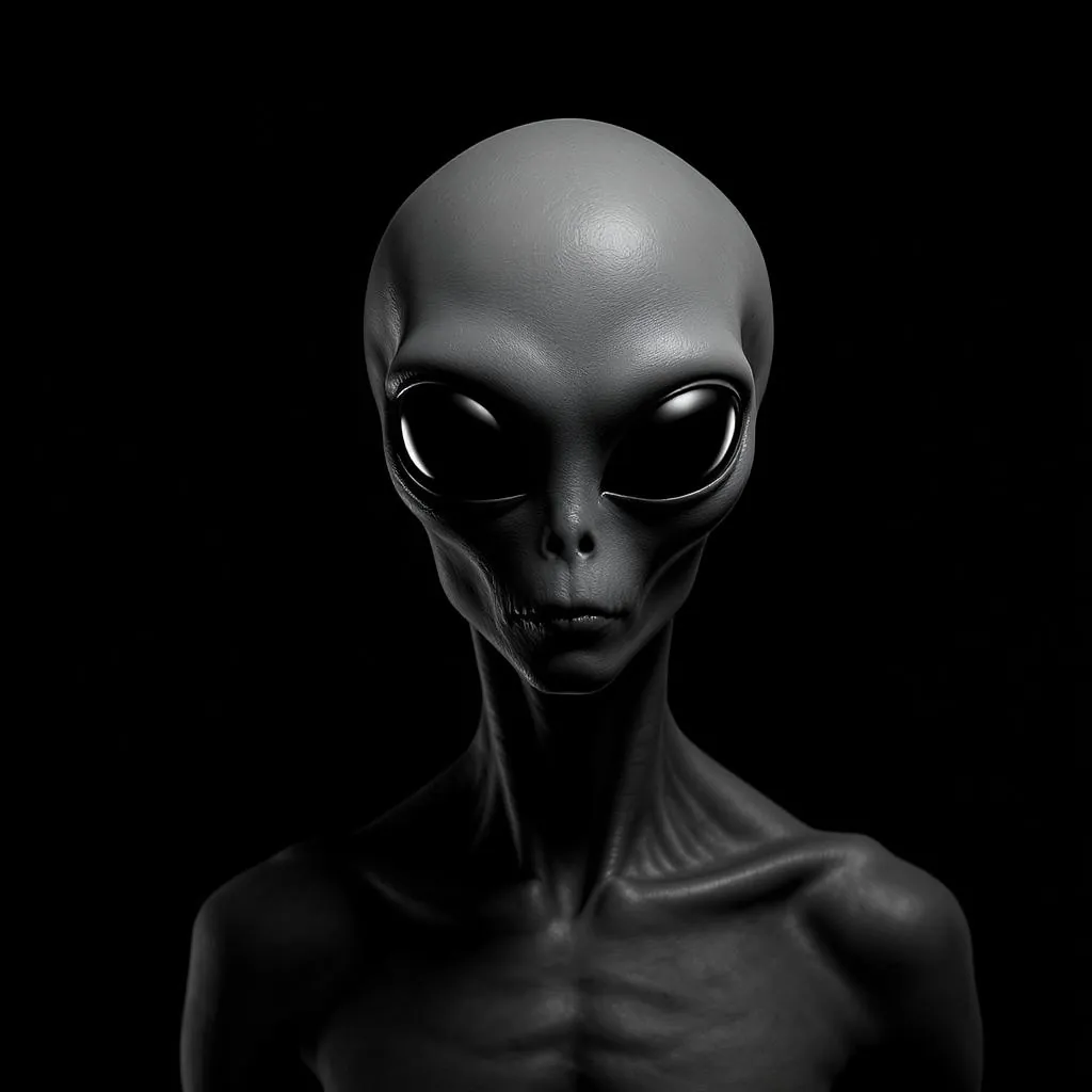 Monochrome Editorial Edge style - stark black-and-white portrait of an alien figure, emphasizing smooth textures and dramatic shadows.