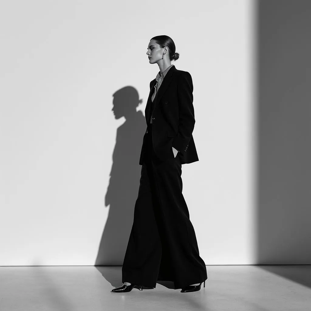 Monochrome Editorial Edge style - striking black-and-white portrait with dramatic shadows emphasizing elegance and form.