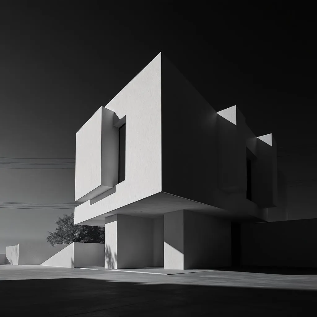 Monochrome Editorial Edge style - stark black-and-white composition highlighting geometric forms and dramatic shadows.