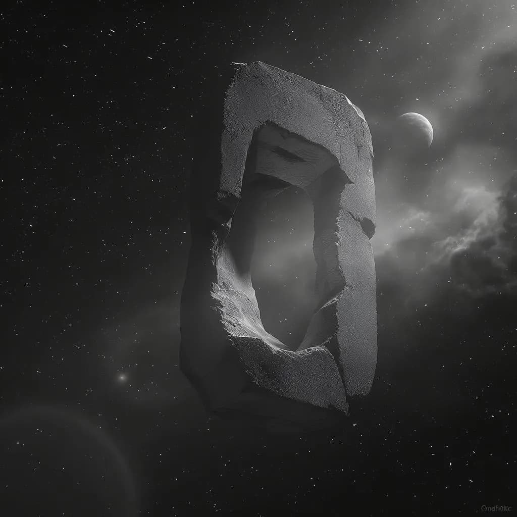 Monolith Drift style - stark monochrome depiction of a floating stone structure against a cosmic backdrop, evoking mystery.