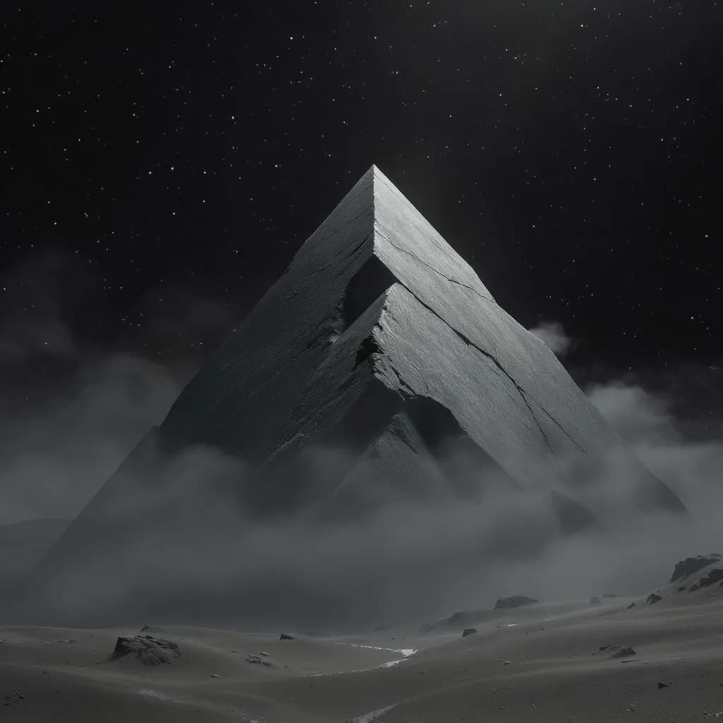 Monolith Drift style - stark pyramid emerging from fog, illuminated by starlight, creating a mysterious, ethereal atmosphere.
